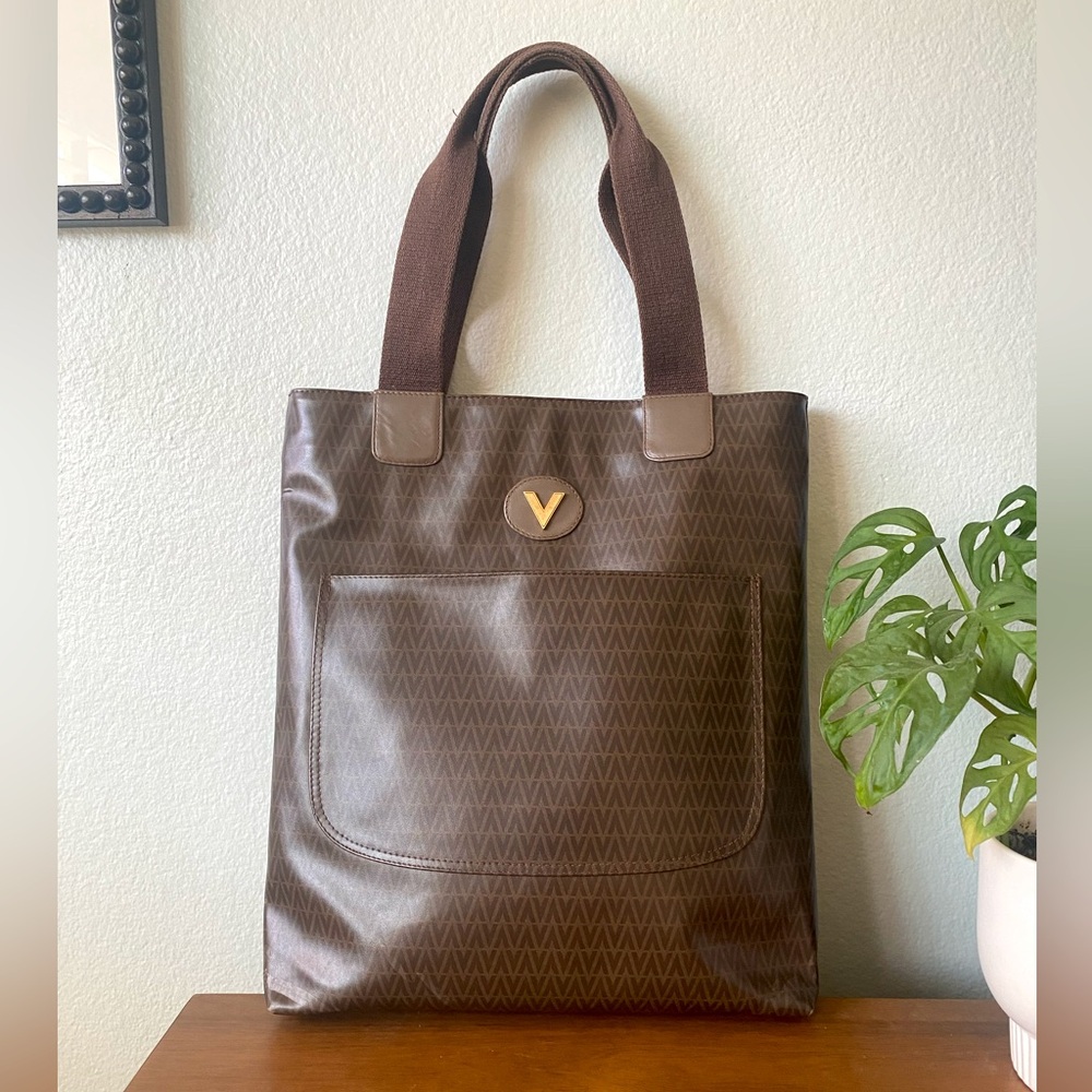 Vintage Mario Valentino Large Brown Tote Bag Coated Canvas Leather Gold Hardware